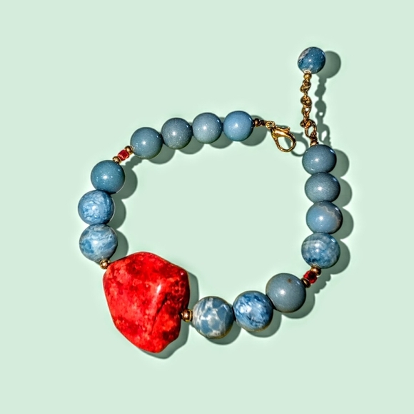 Handmade Jewelry - Larimar and Red Howlite Stones Bracelet